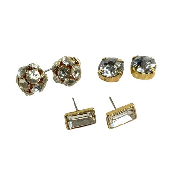 Set Of 3 Pairs Gold-Tone Crystal Stud Earrings - Picture 2 of 2